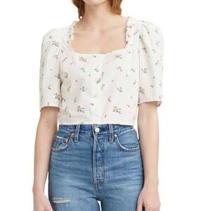 LEVI’S Joella Puff Shoulder Cropped Top Size Medium White Cloud Dancer Floral L